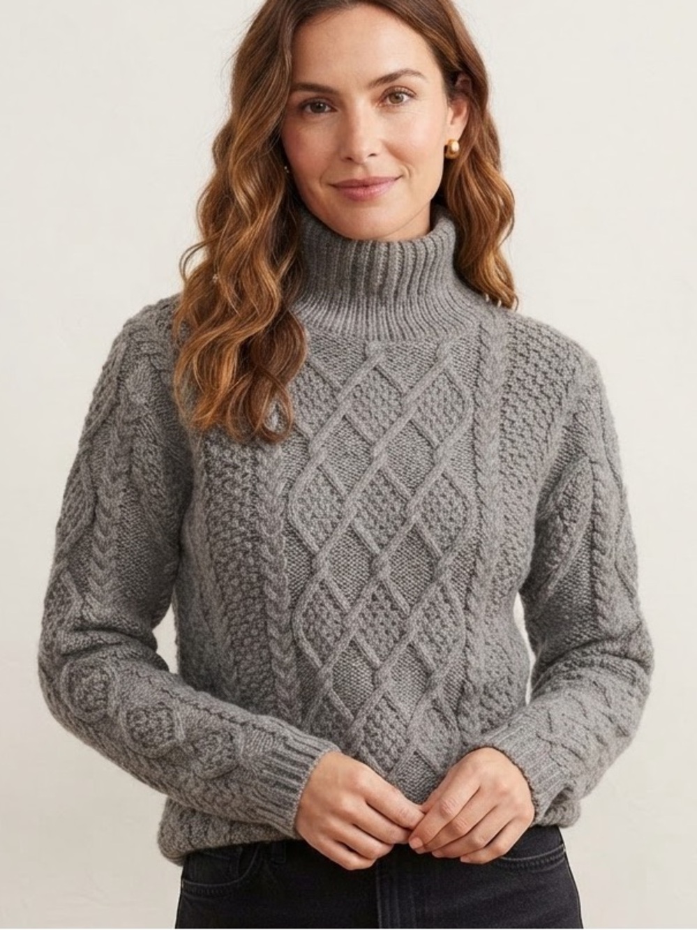 J Crew Sz M 100% Wool Grey Cable Knit Turtleneck Fisherman Sweater